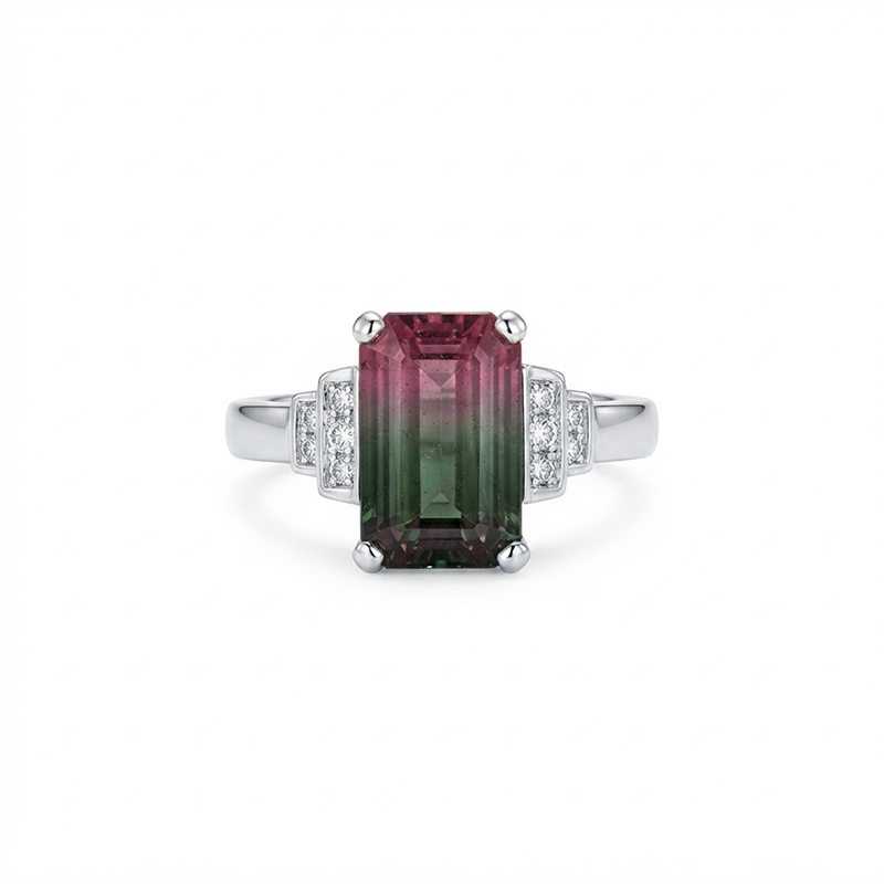 Watermelon Tourmaline Emerald Cut 2.86 Carats Ring in 14K White Gold With Diamond Accents
