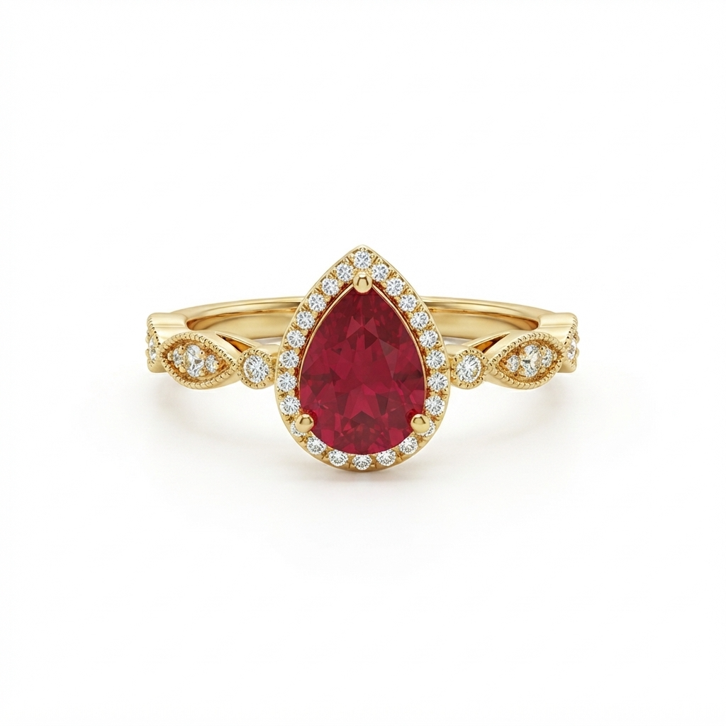 Madagascar Ruby Pear Shape 2.3 Carat Ring in 14K Yellow Gold with Diamond Accents