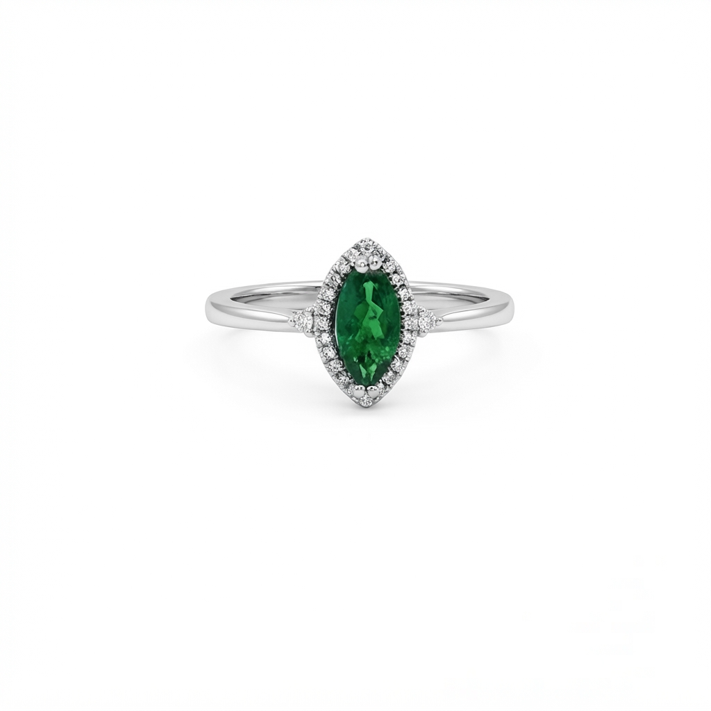 Tsavorite Garnet Marquise Shape 1.16 Carat With Accented Diamond Ring In 14K White Gold