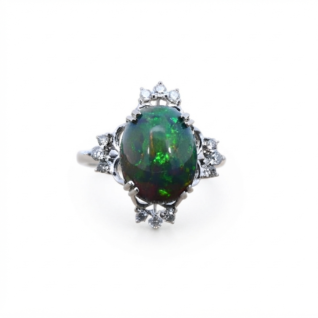 Ethiopian Black Opal Cab Oval 3.88 Carat Ring In 14K White Gold Accented With Diamonds