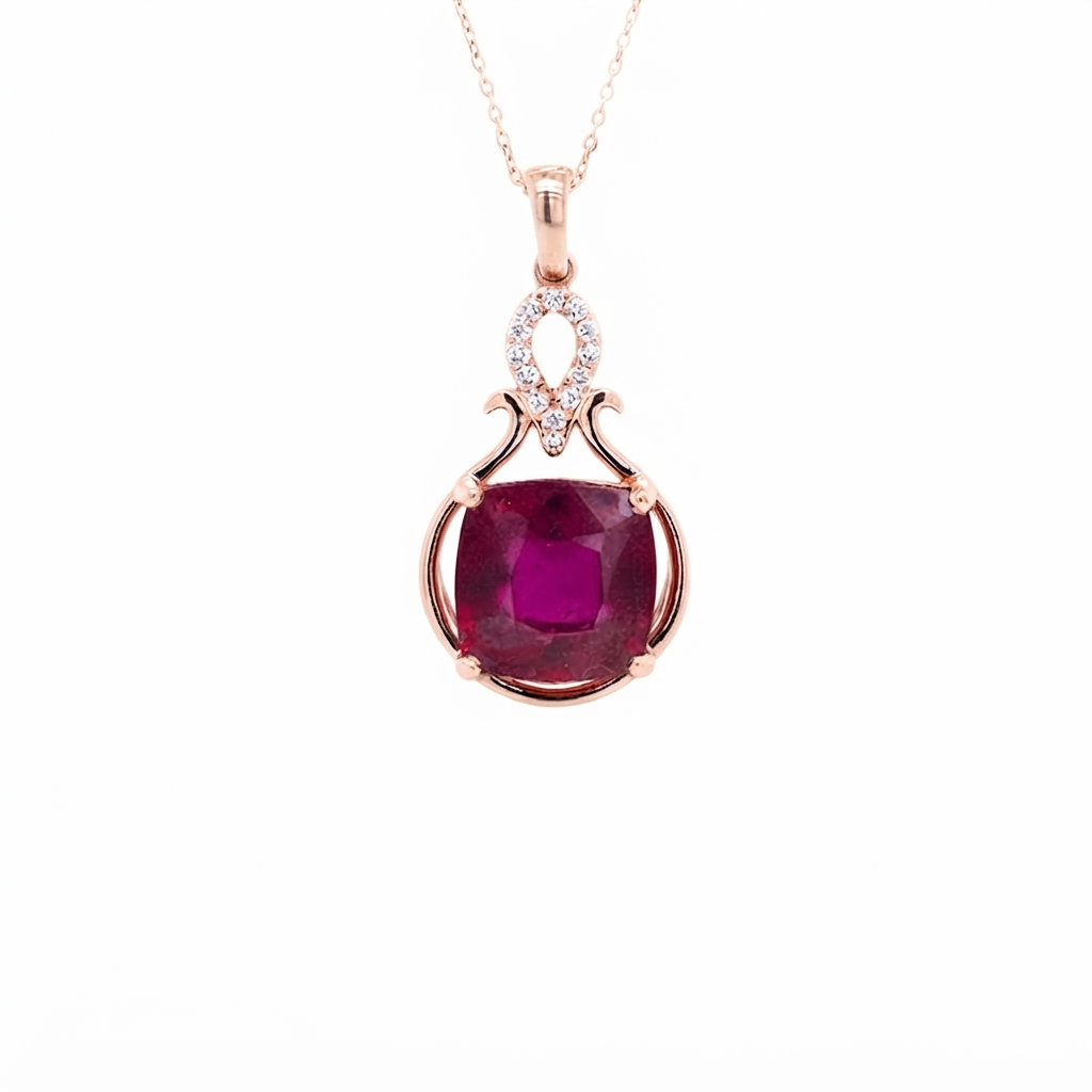 Madagascar Ruby Cushion 3.83 Carat Pendant In 14K Rose gold with Accent Diamond( Chain Not Included )