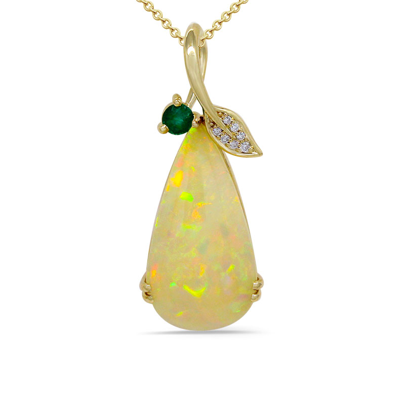 Ethiopian Opal Cab Pear Shape 15.20 Carat Pendant in 14K Yellow Gold with Accents Diamond (Chain Not Included)