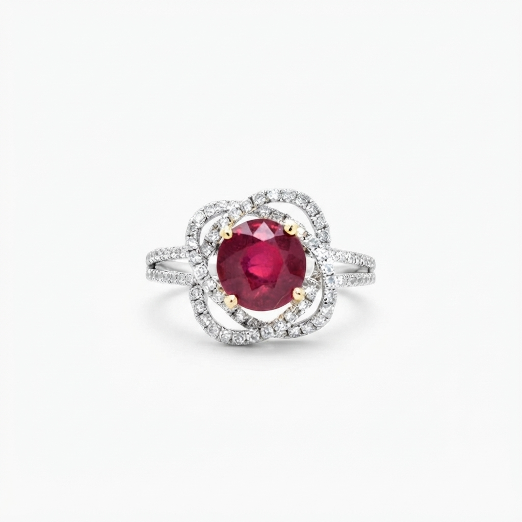 Madagascar Ruby Round 1.75 Carat With Accent Diamonds Double Halo Ring In 14k Dual Tone ( White / Yellow ) Gold
