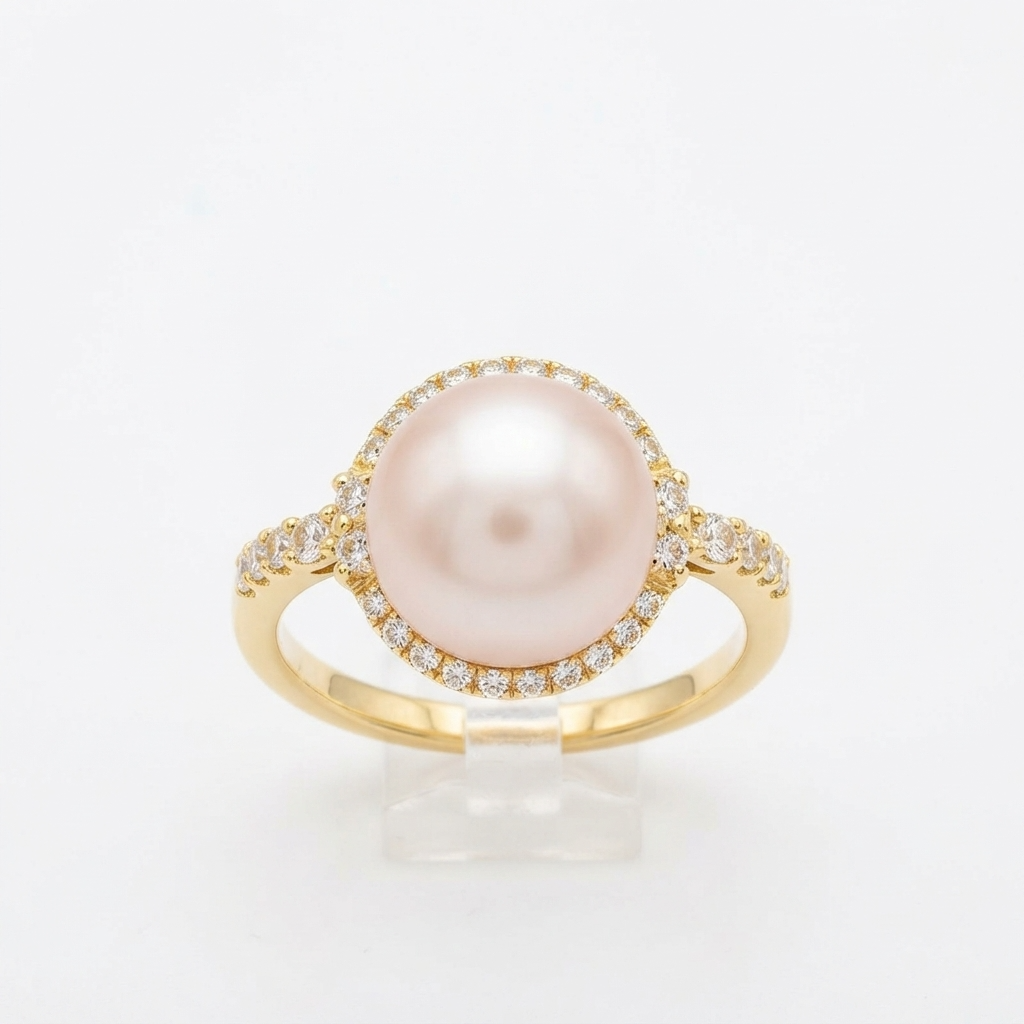 Freshwater Pearl 5.20 Carat With Accented Diamond Halo Engagement Ring in 14K Yellow Gold