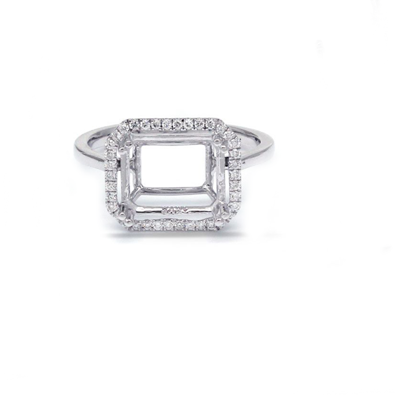 East-West Emerald Cut 9x7mm Ring Semi Mount in 14K White Gold with Diamond Accents