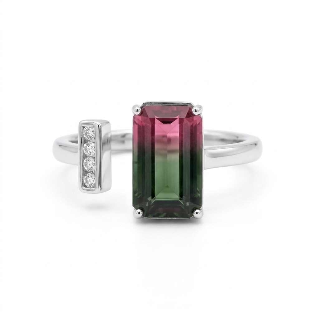 Watermelon Tourmaline Emerald Cut 3.22Carats Ring in 14K White Gold With Diamond Accents