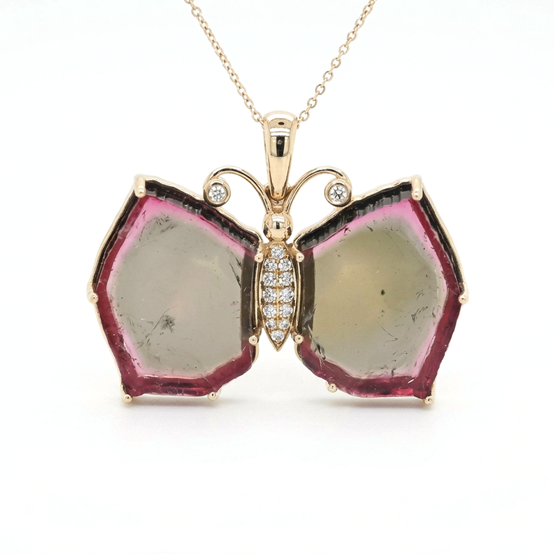 Watermelon Tourmaline 17.88 Carat Butterfly Design Pendant in 14K Yellow Gold (Chain Not Included)