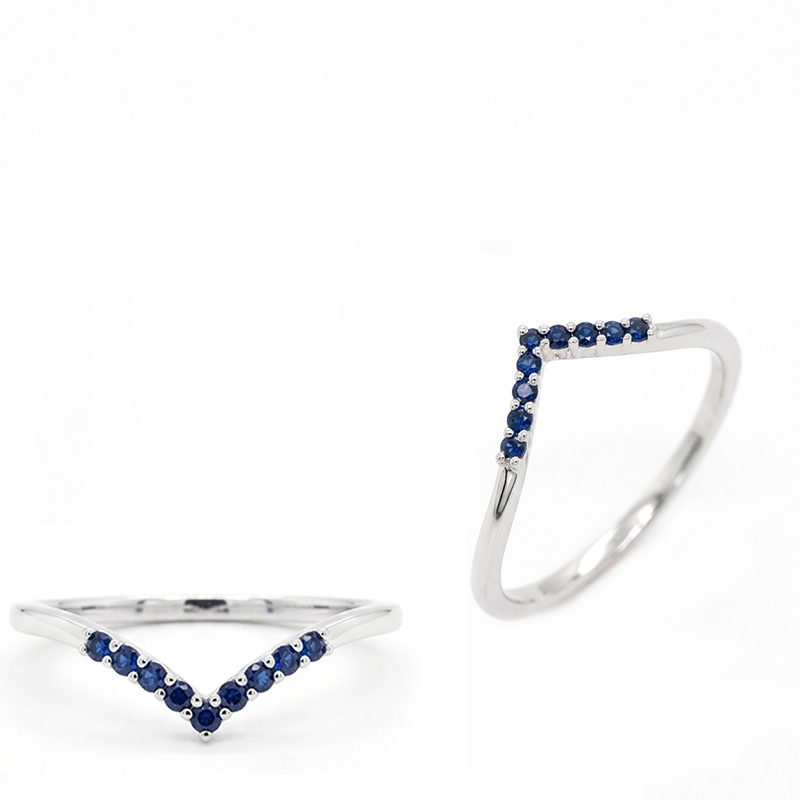 Blue Sapphire 0.1 Carat Stackable Wedding Ring Band in 14K White Gold with Diamonds
