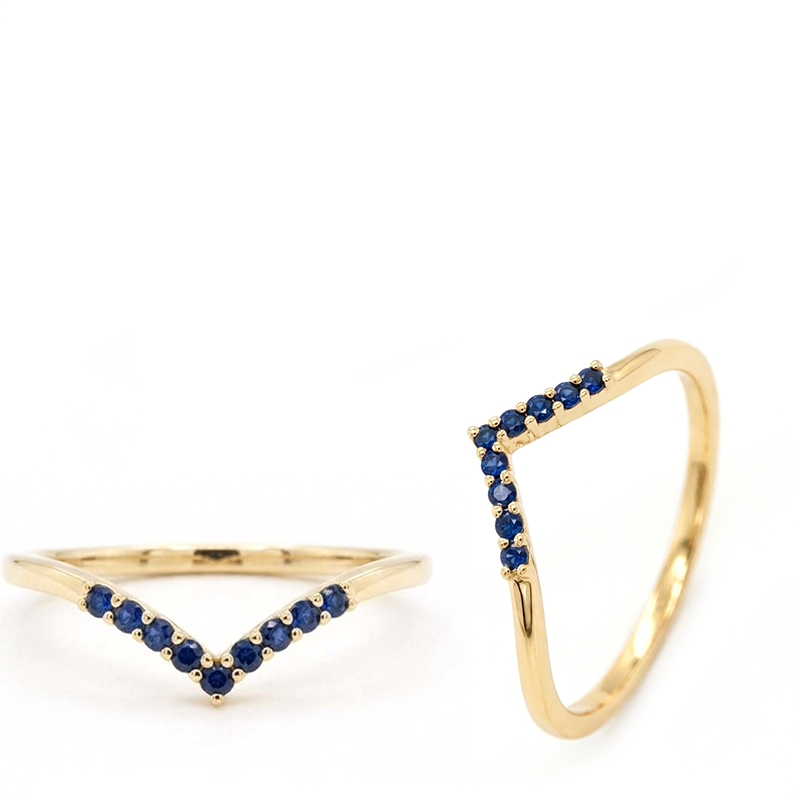 Blue Sapphire 0.1 Carat Stackable Wedding Ring Band in 14K Yellow Gold with Diamonds