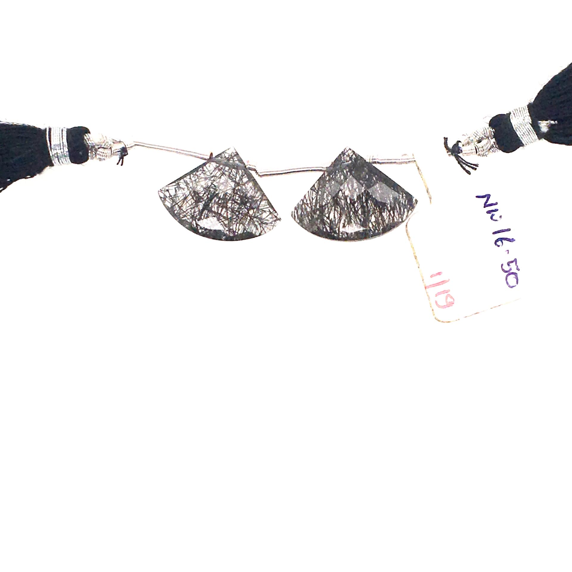 Black Rutilated Drops Fan Shape 18x22mm Drilled Beads Matching Pair