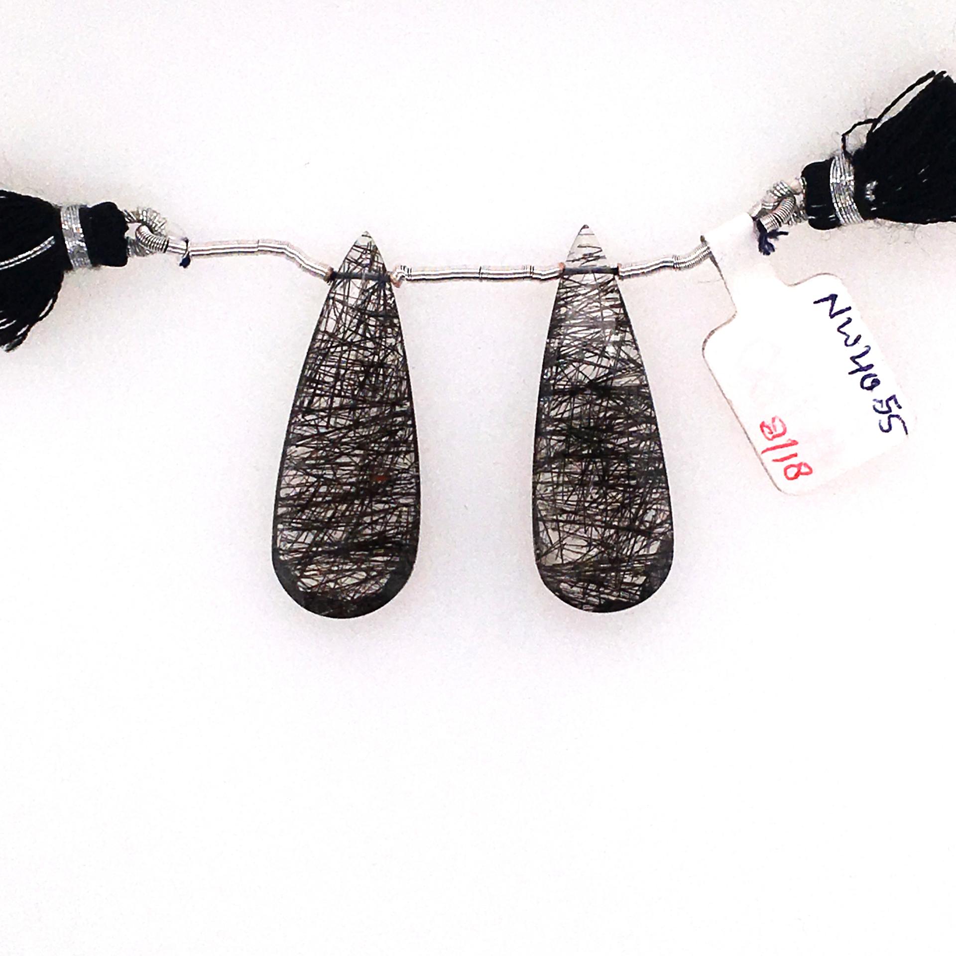 Black Rutile Drops Almond Shape 37x16mm Drilled Beads Matching Pair
