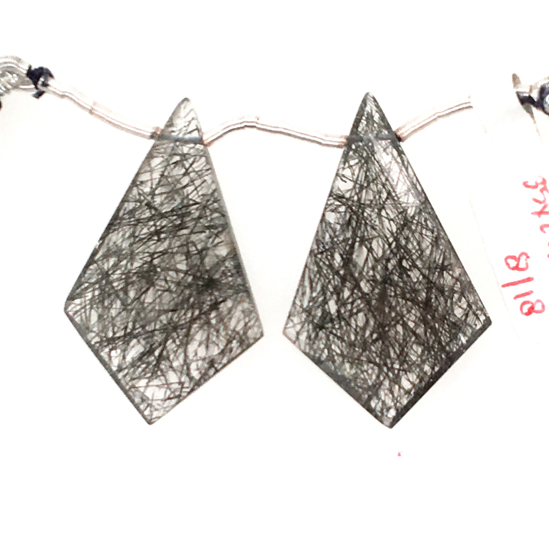 Black Rutile Drops Shield Shape 35x22mm Drilled Beads Matching Pair
