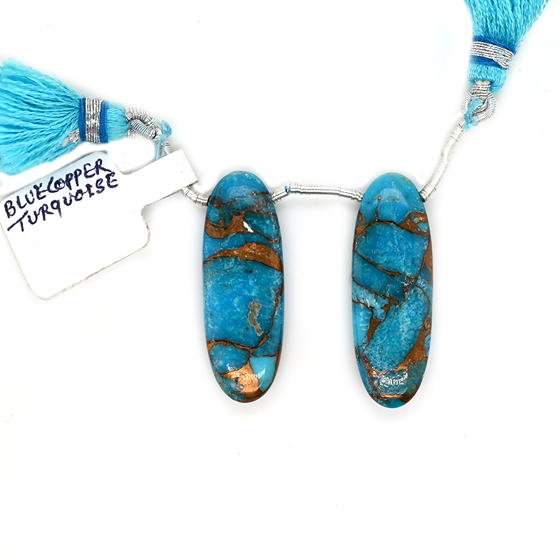 Blue Copper Turquoise Drops Oval Shape 31x11mm Drilled Bead Matching Pair