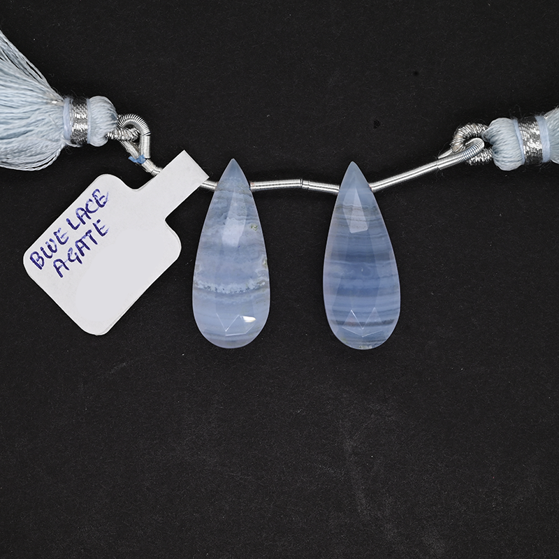 Blue Lace Agate Drops Almond Shape 25x10mm Drilled Bead Matching Pair