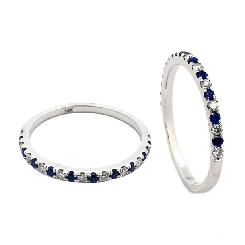 Blue Sapphire 0.19 Carat Stackable Wedding Ring Band in 14K White Gold with Diamonds