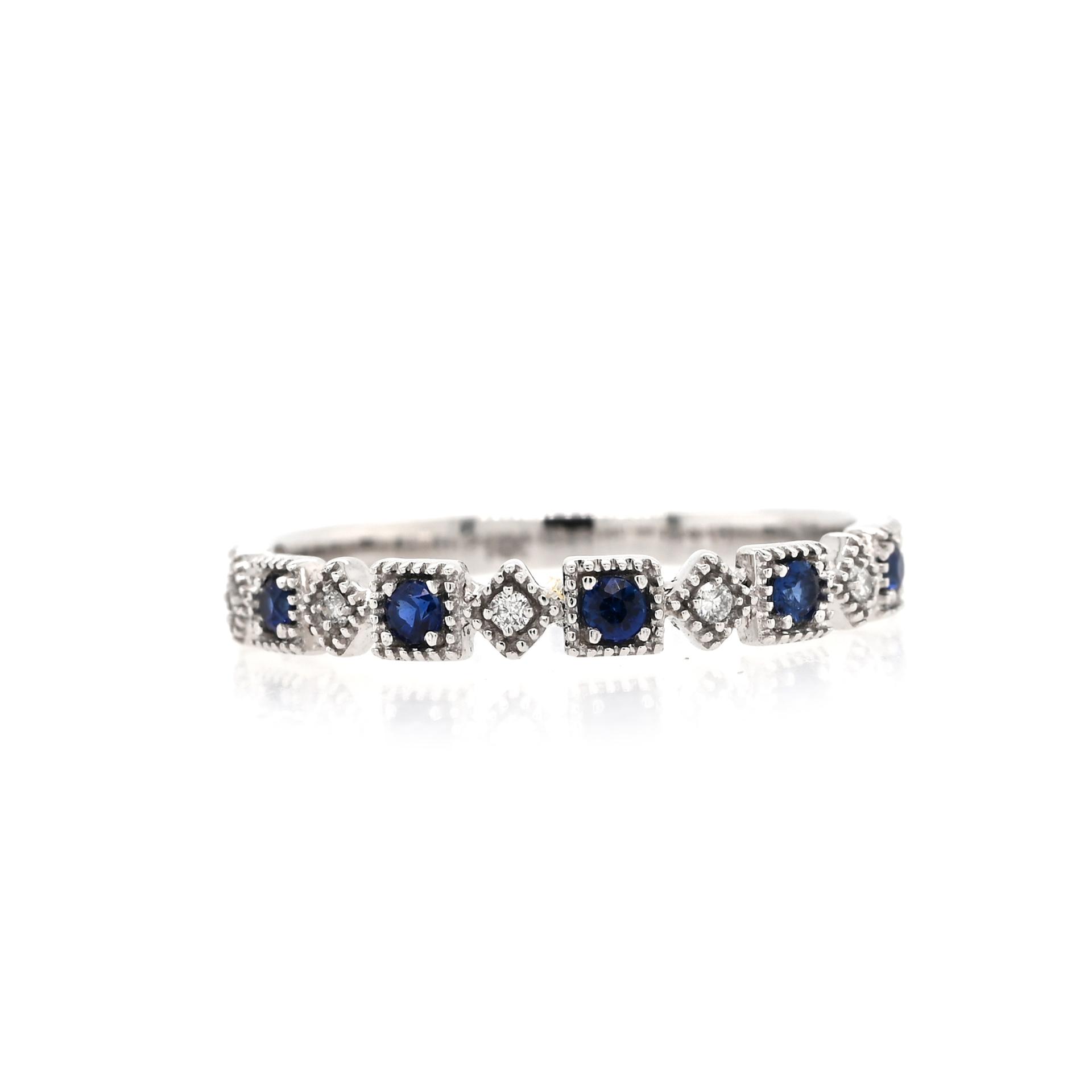 Blue Sapphire Round 0.16 Carat Ring Band in 14K White Gold with Accent Diamonds (RG4917)