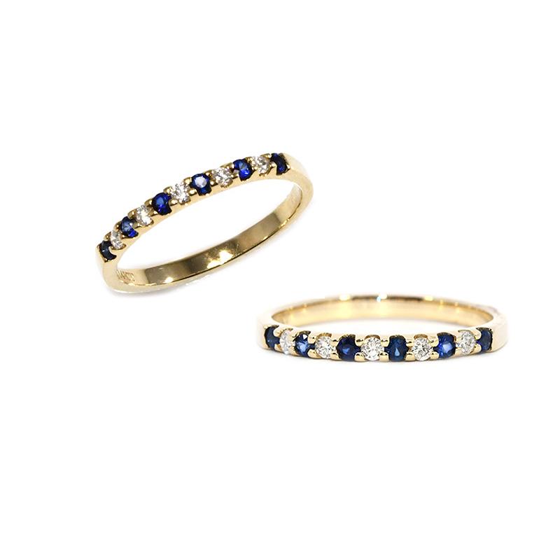 Blue Sapphire Round 0.16 Carat Ring Band in 14K Yellow Gold with Accent Diamonds (RG4897)