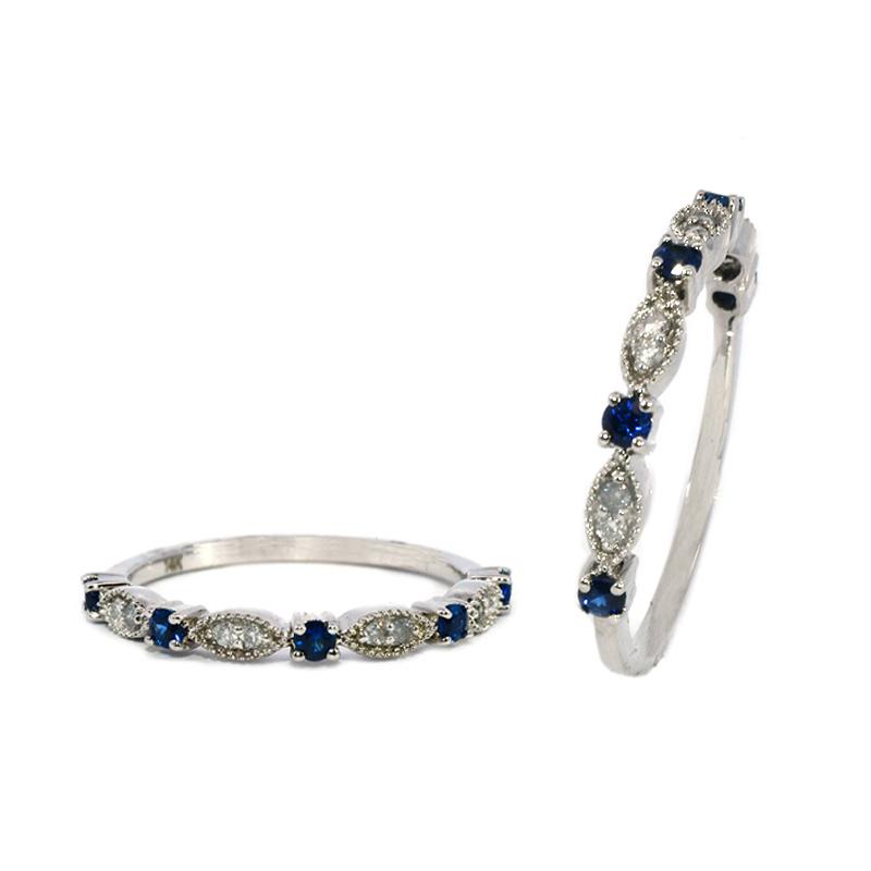 Blue Sapphire Round 0.19 Carat Ring Band in 14K White Gold with Accent Diamonds (RG0621)
