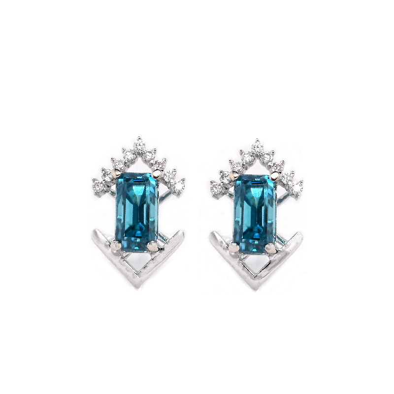 Blue Zircon Emerald Cut 2.40 Carat Stud Earring in 14K White Gold with Diamond Accents