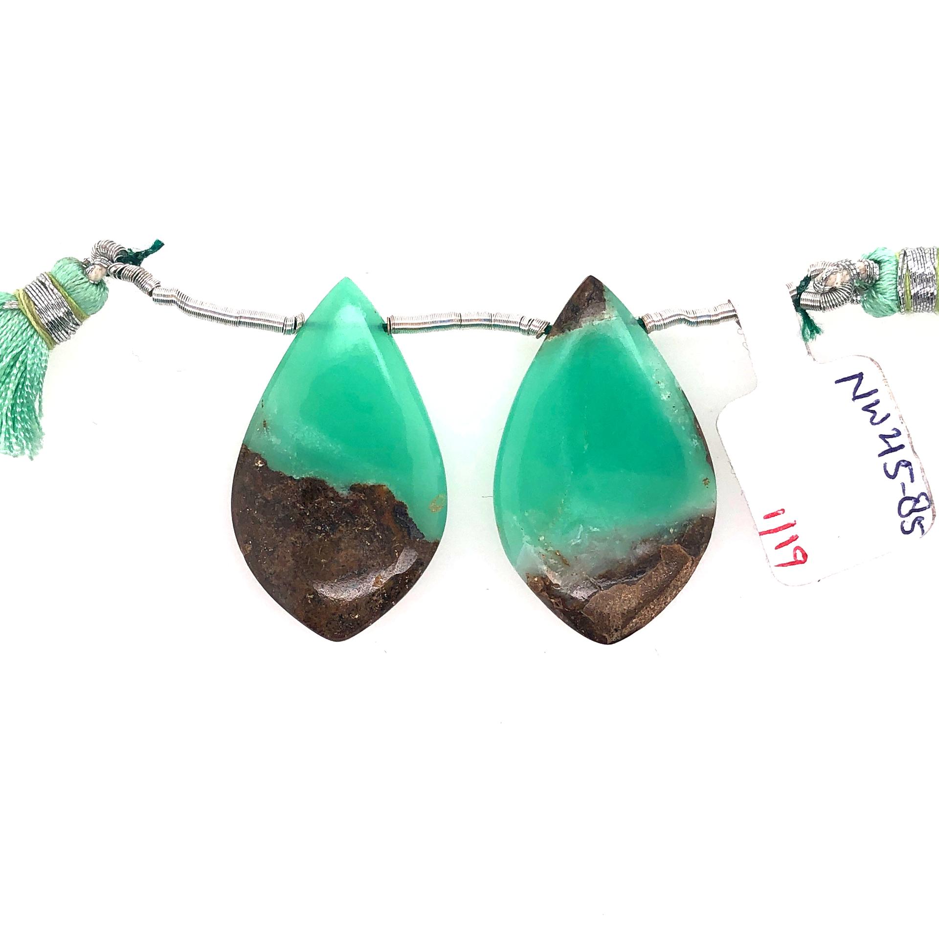 Boulder Chrysoprase Drop Leaf Shape 33x20mm Drilled Beads Matching Pair