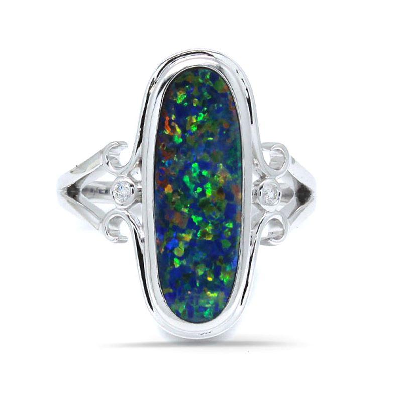 Boulder Opal Elongated Oval Shape 3.64 Carat Bezel Set Ring in 14K White Gold with Diamond Accents
