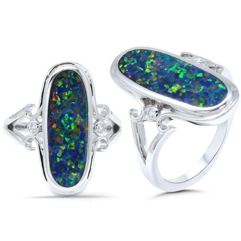 Boulder Opal Elongated Oval Shape 3.64 Carat Bezel Set Ring in 14K White Gold with Diamond Accents