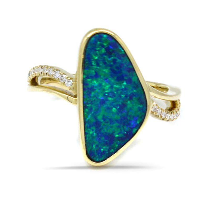Boulder Opal Fancy Shape 3.28 Carat Bezel Set Ring in 14K Yellow Gold with Diamond Accents