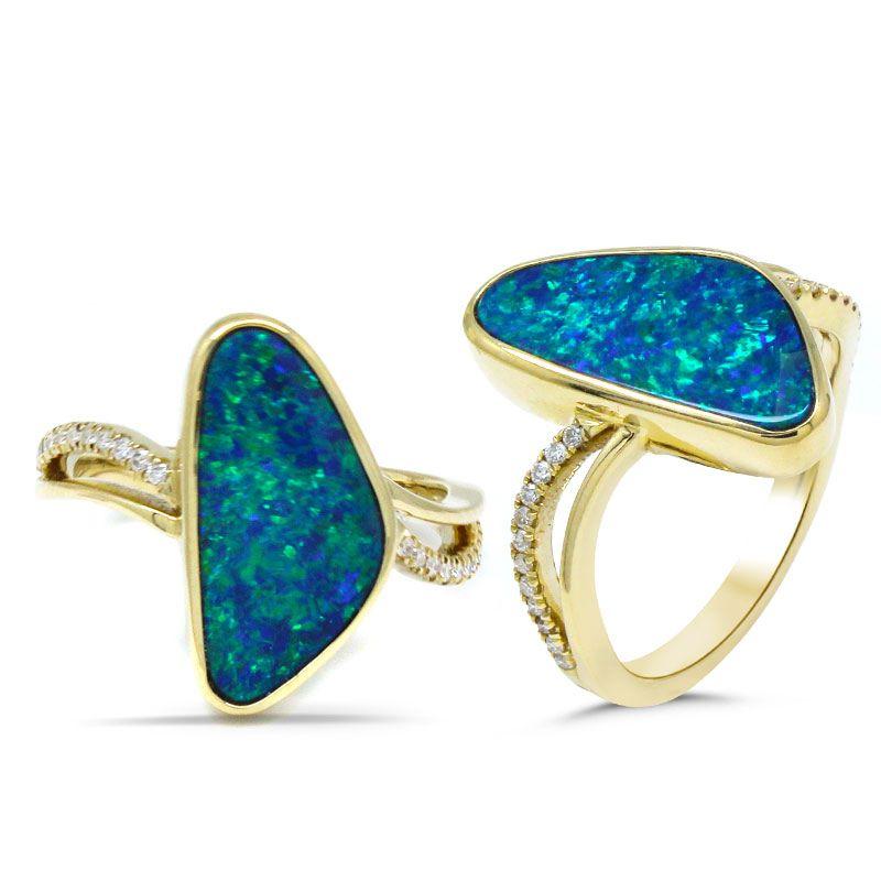 Boulder Opal Fancy Shape 3.28 Carat Bezel Set Ring in 14K Yellow Gold with Diamond Accents