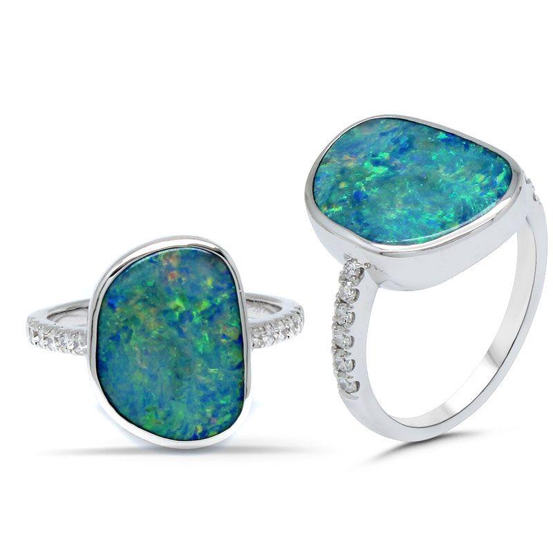 Boulder Opal Fancy Shape 4.24 Carat Bezel Set Ring in 14K White Gold with Diamond Accents