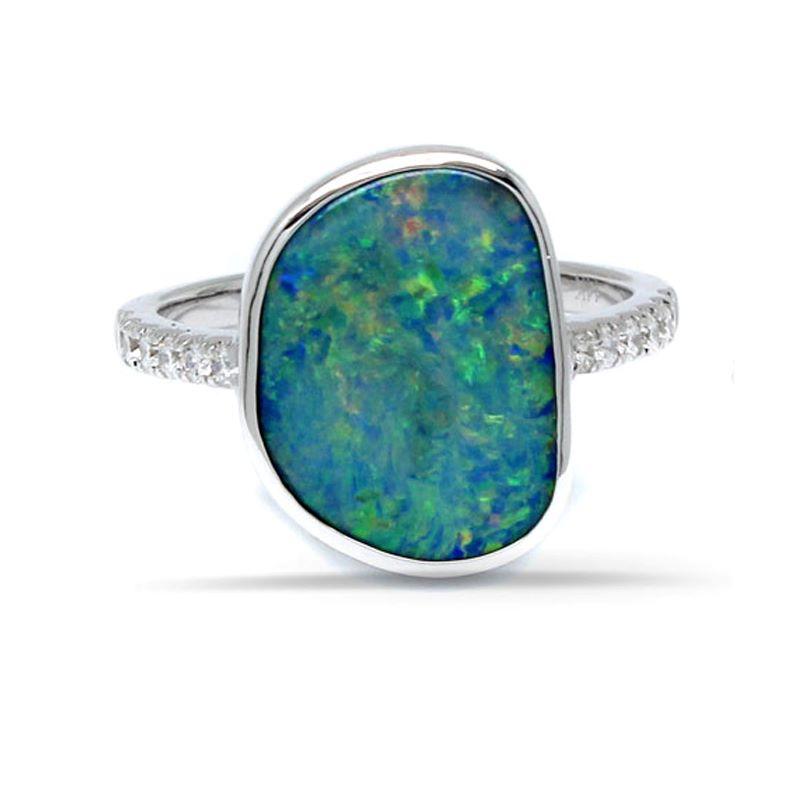 Boulder Opal Fancy Shape 4.24 Carat Bezel Set Ring in 14K White Gold with Diamond Accents