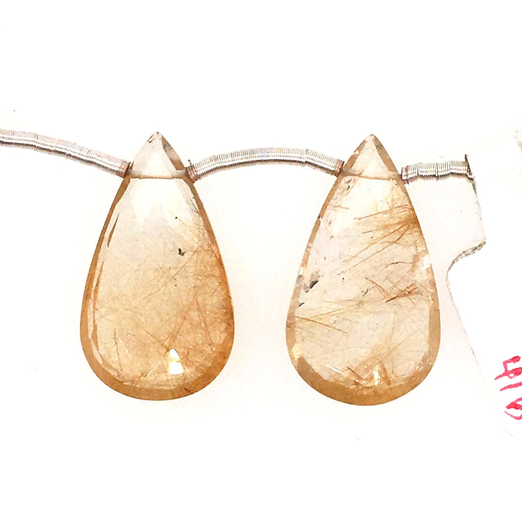 Bronze Rutile Quartz Drops Almond Shape 25x14mm Drilled Beads Matching Pair
