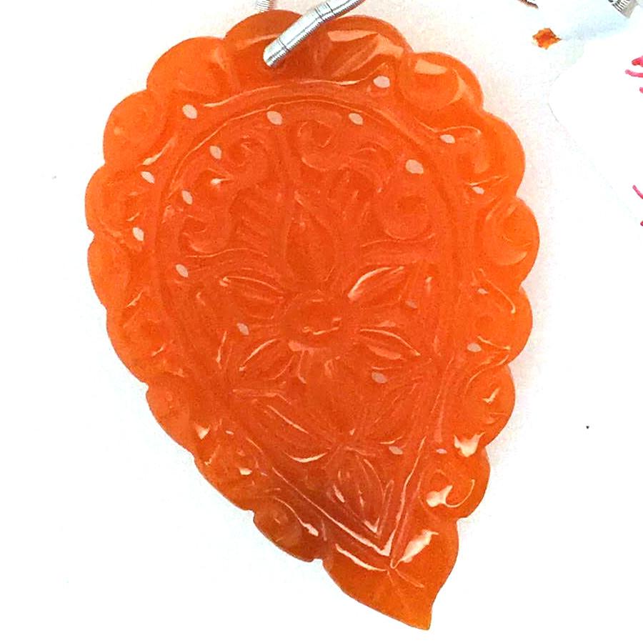 Carved Orange Onyx Drop Leaf Shape 52x35mm Drilled Bead Single Piece