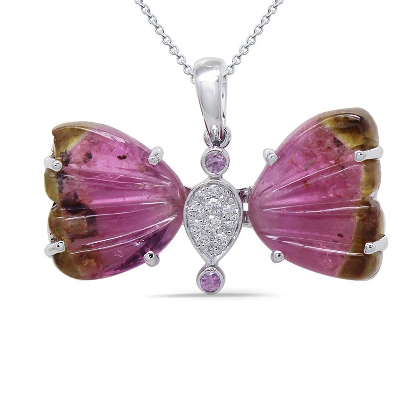 Carved Watermelon Tourmaline 7.15 Carat Butterfly Design Pendant in 14K White Gold With Diamond Accents (Chain Not Included)