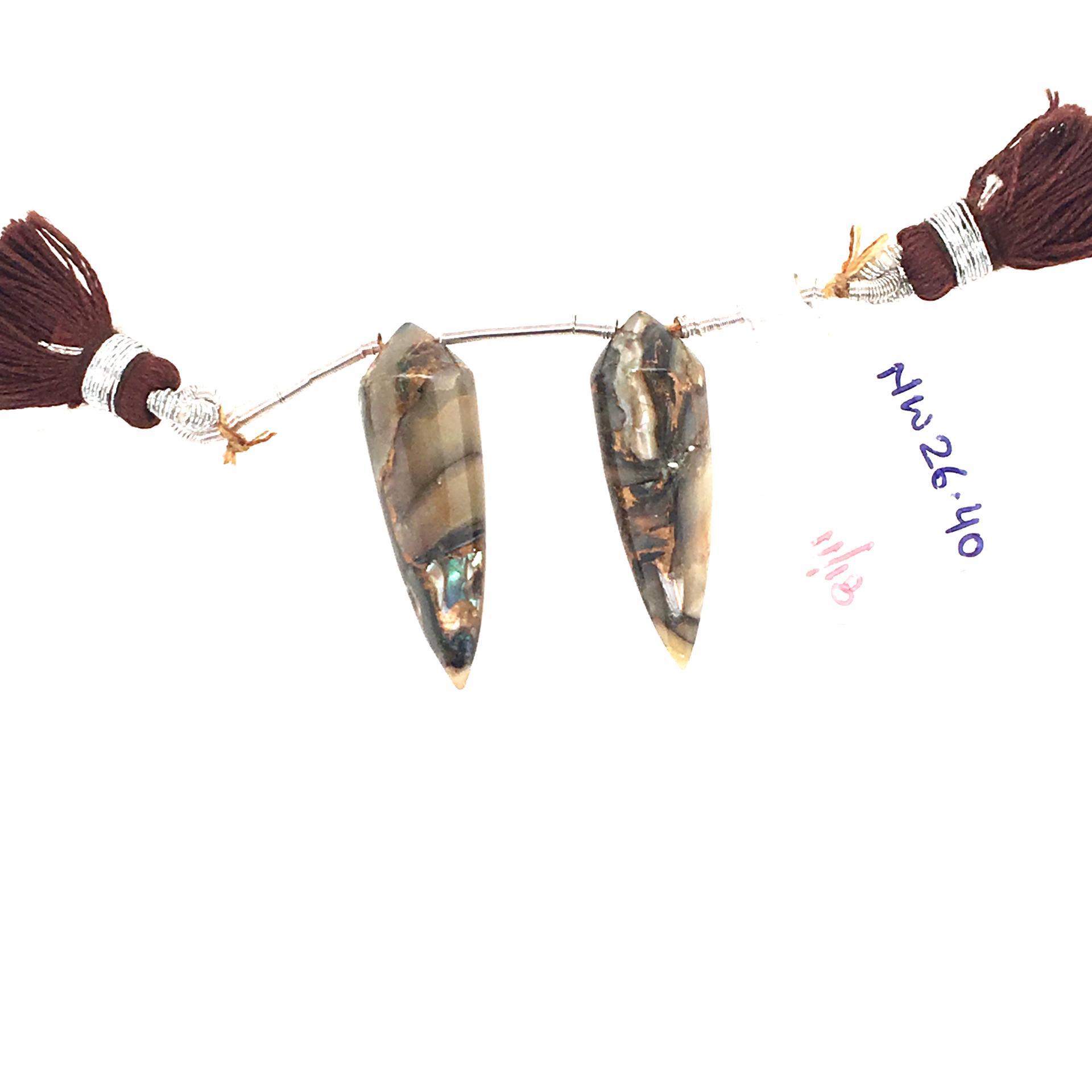 Copper Abalone Shell Drops Okra Shape 30x10mm Drilled Beads Matching Pair