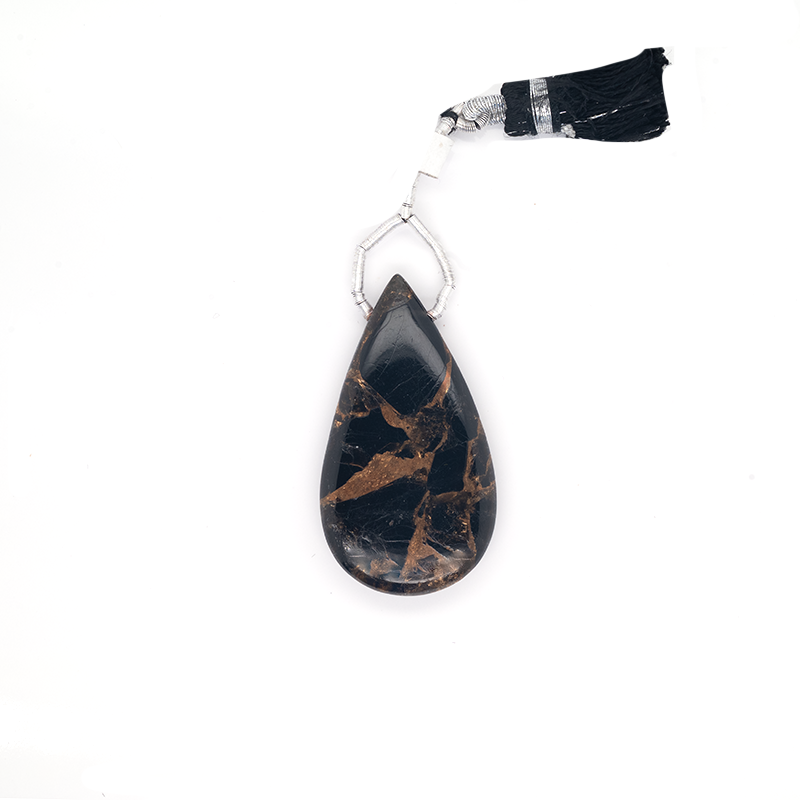 Copper Black Obsidian Almond Shape 38x20mm Drilled Bead Single Piece