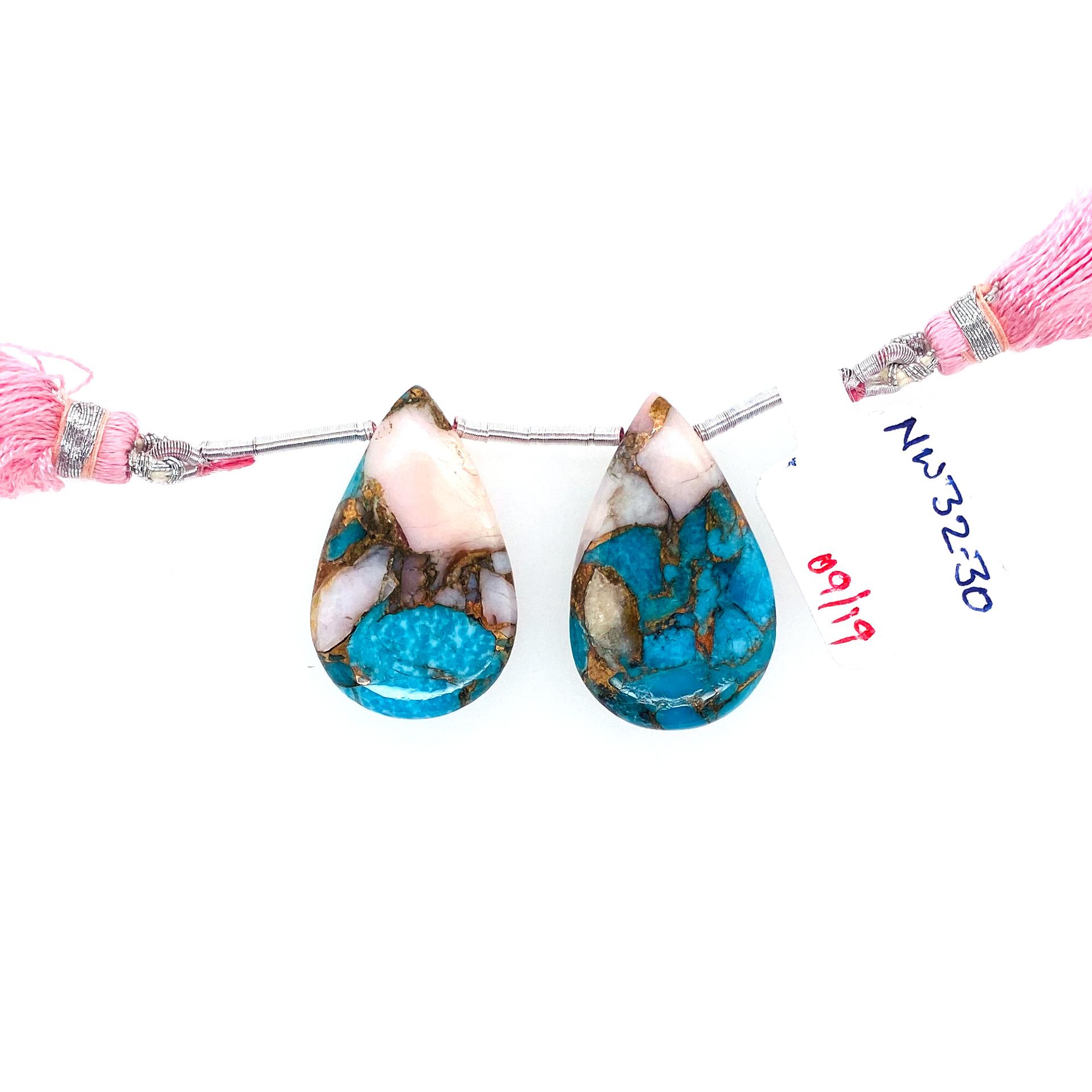 Copper Blue Turquoise and pink opal Drops Almond Shape 27x16mm Drilled Beads Matching Pair