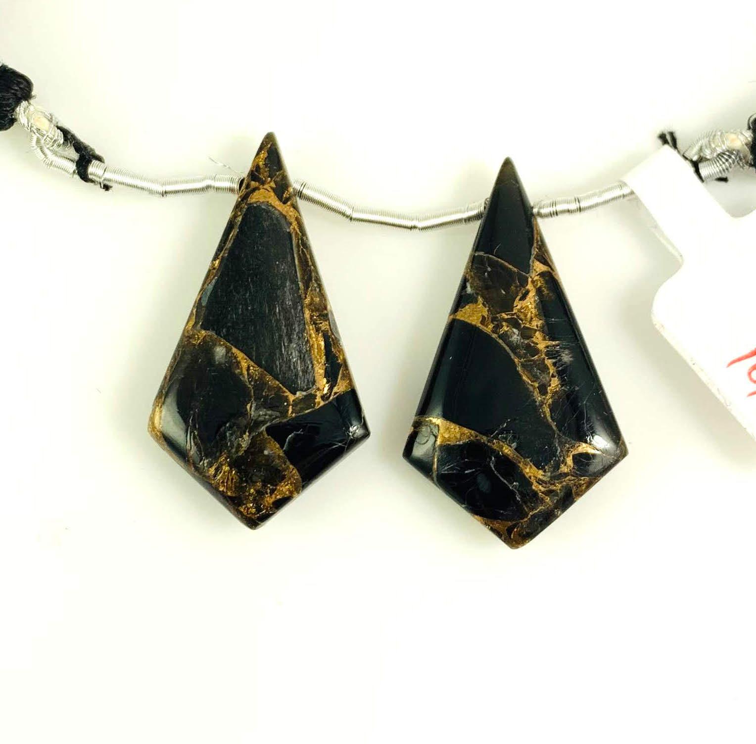 Copper Obsidian Drops Shield Shape 31x17 mm Drilled Bead Matching Pair