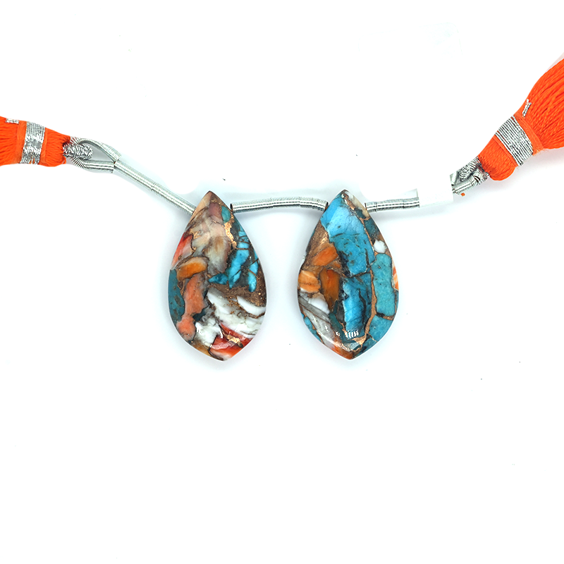 Copper Spiny Oyster Turquoise Drop Leaf Shape 25x15mm Drilled Bead Matching Pair