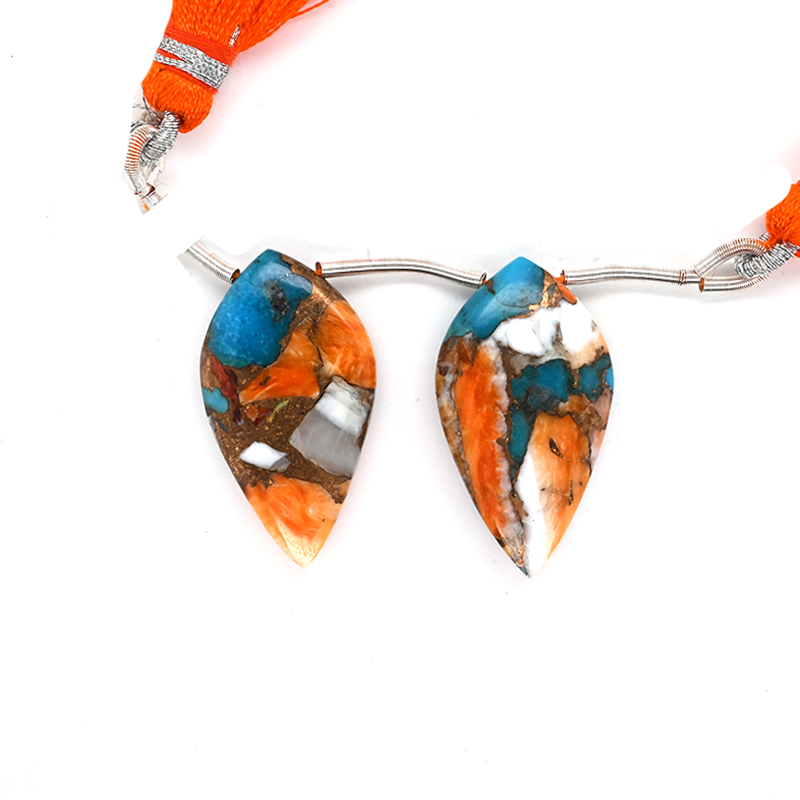 Copper Spiny Oyster Turquoise Drop Leaf Shape 29x16mm Drilled Bead Matching Pair