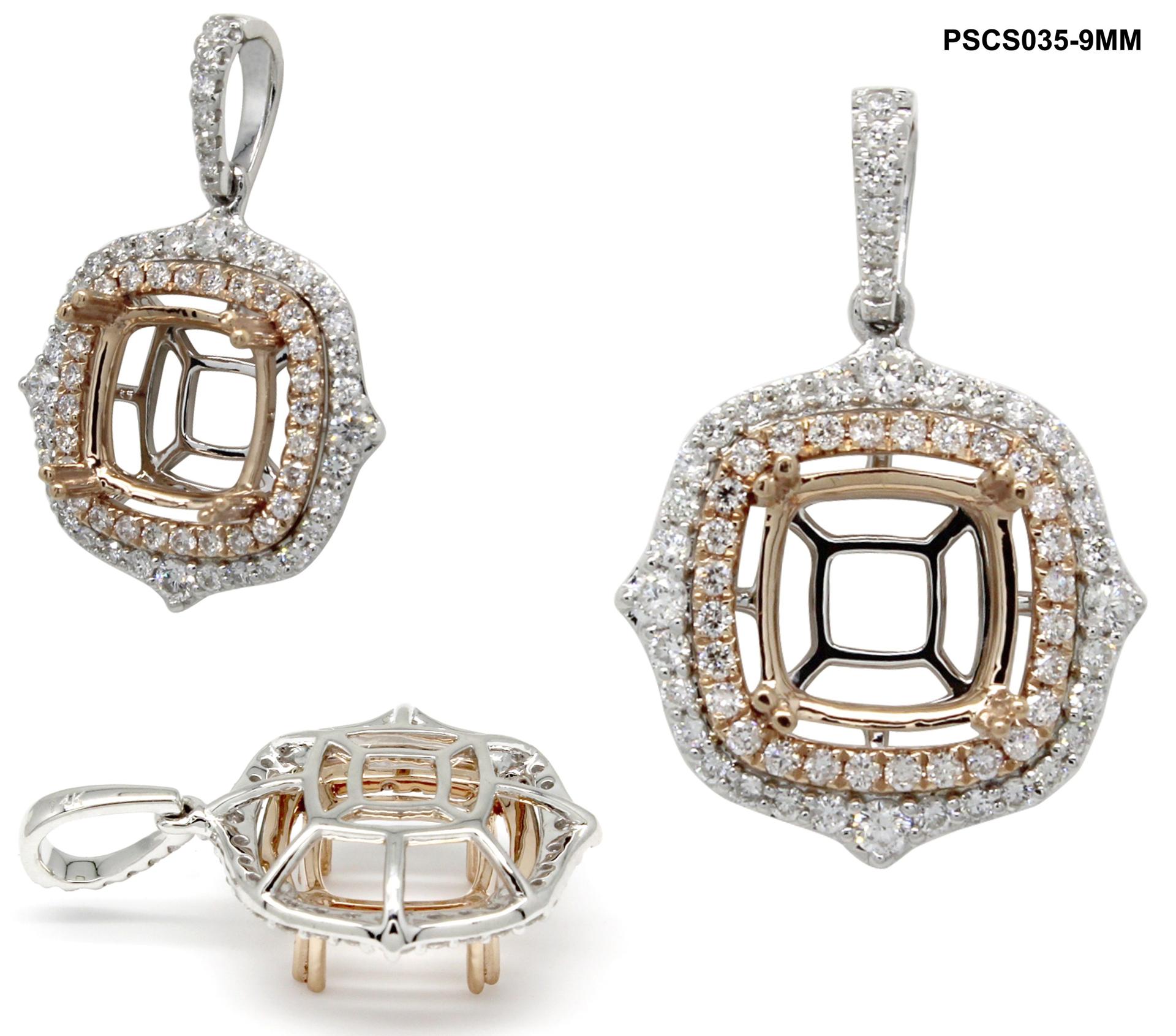 Cushion 8mm Semi Mount 14K Gold With White Diamond Double Halo Dual-Tone Pendant(PD0765)