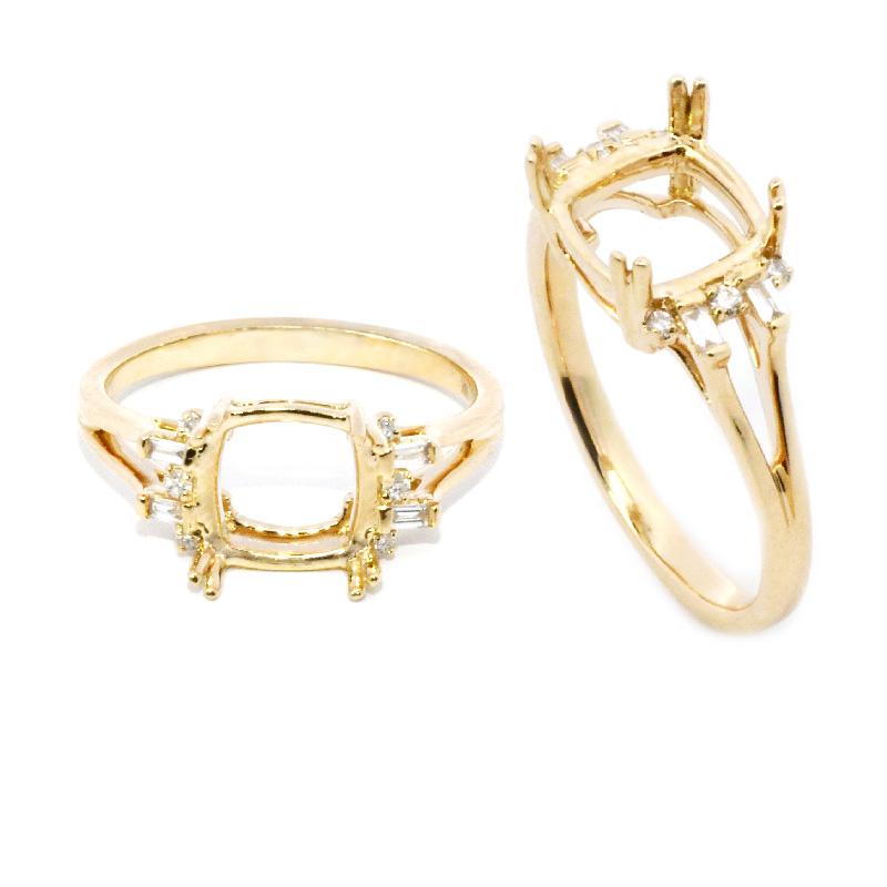 Cushion 8x8mm Ring Semi Mount in 14K Yellow Gold with Diamond Accents