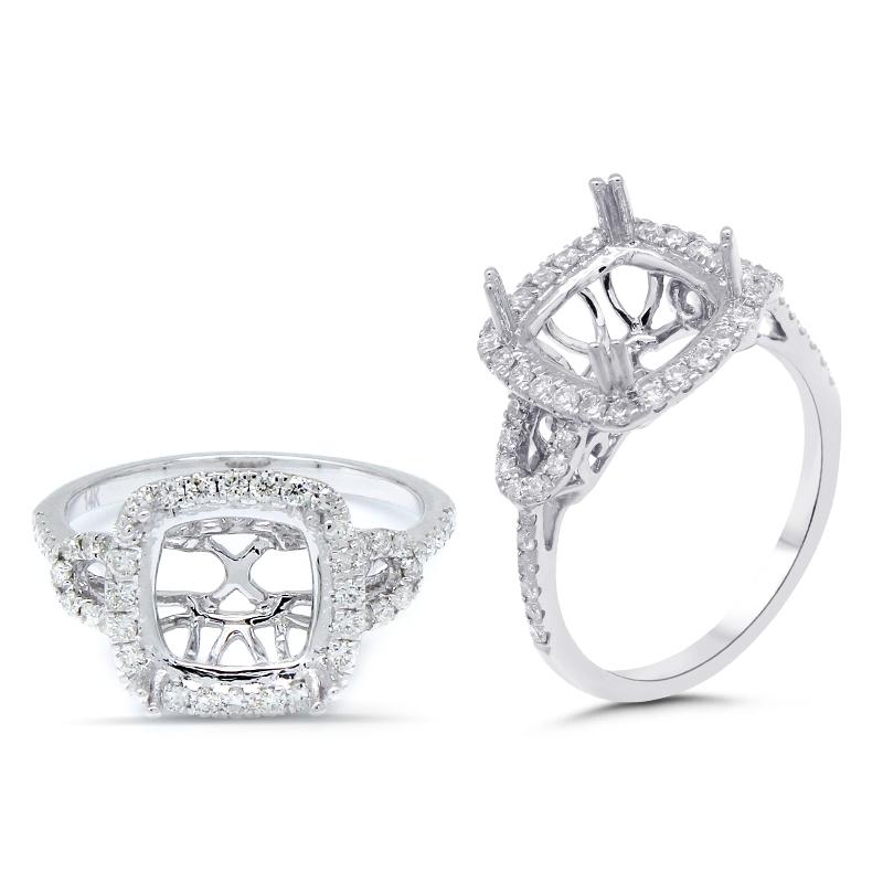 Cushion 9mm Halo Ring Semi Mount In 14k White Gold With Diamond Accents