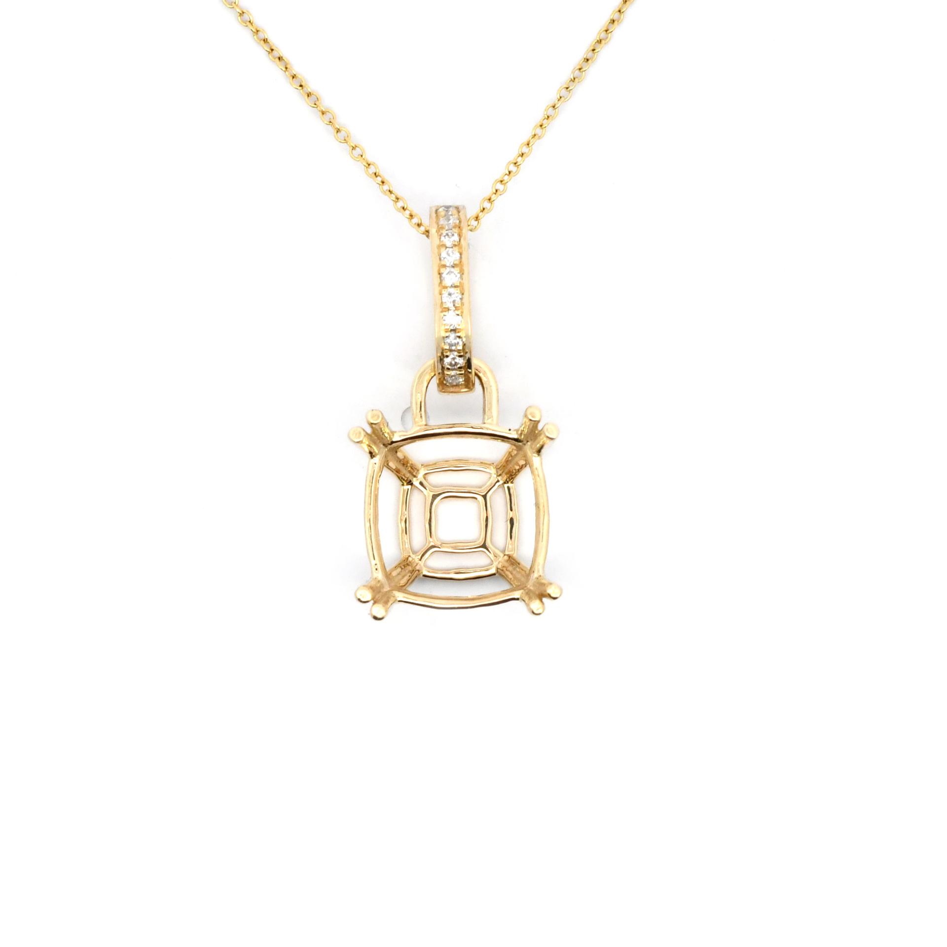 Cushion Shape 10mm Pendant Semi Mount in 14K Yellow Gold with Diamond Accents (Chain Not Included)