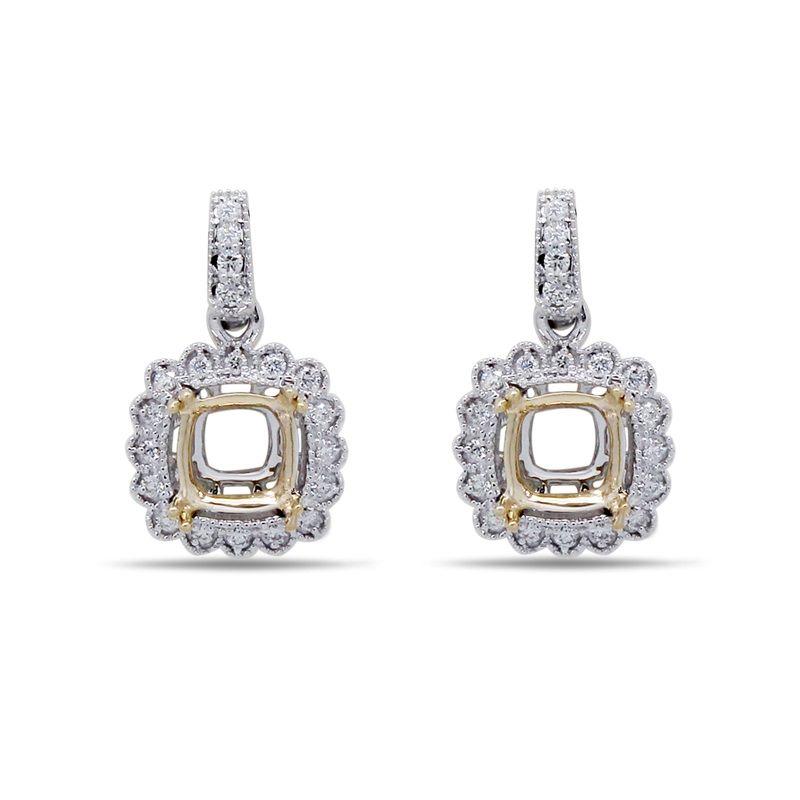 Cushion Shape 5mm Dangle Earrings Semi Mount in Dual Tone(White/Yellow) with Diamond Accents