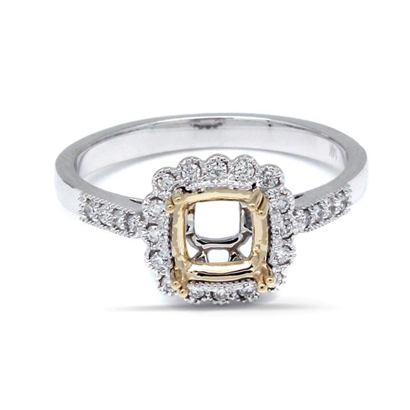 Cushion Shape 6mm Ring Semi Mount in 14K Dual Tone (White/Yellow) Gold with Diamond Accents
