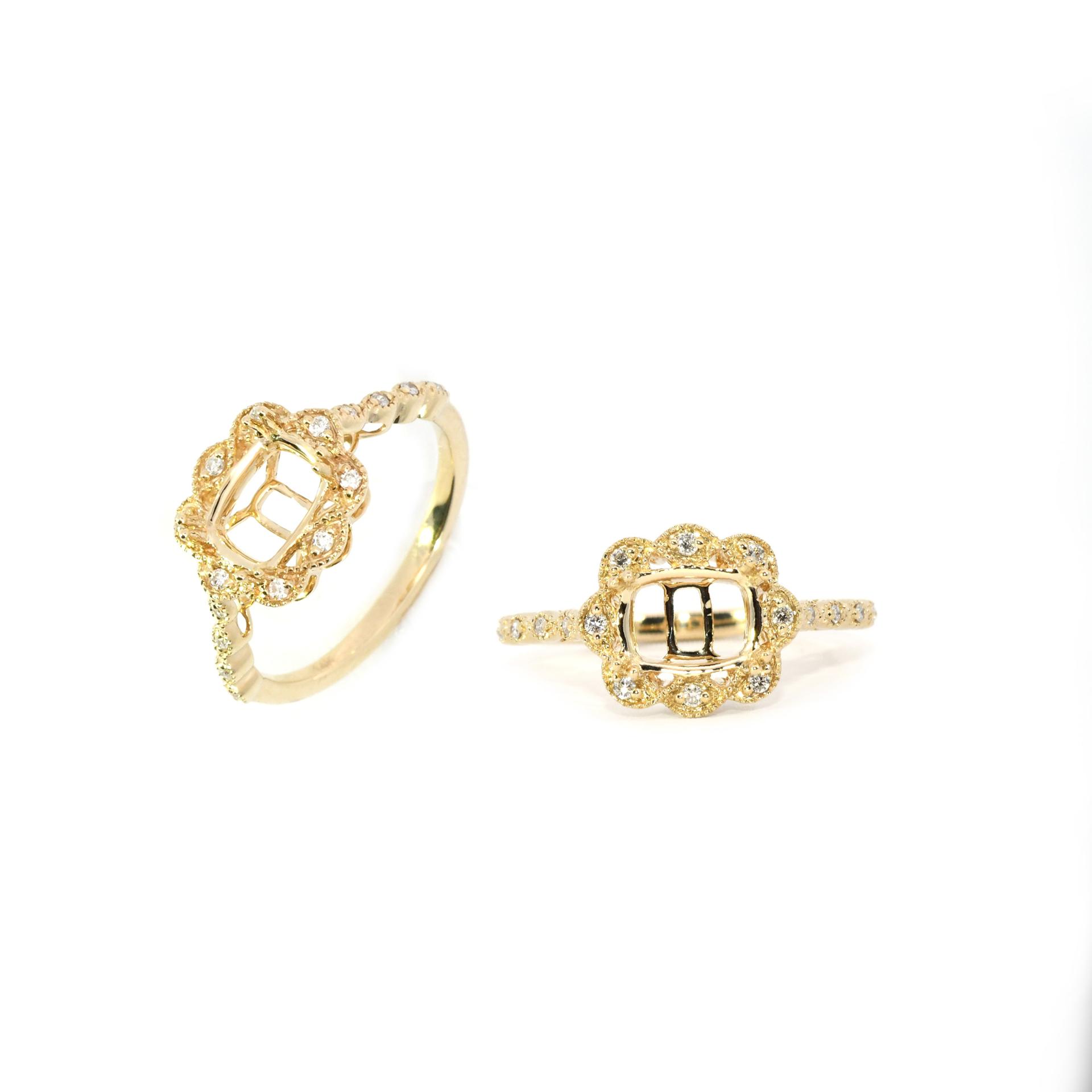 East-West Elongated Cushion 8x6mm Ring Semi Mount in 14K Yellow Gold with Diamond Accents