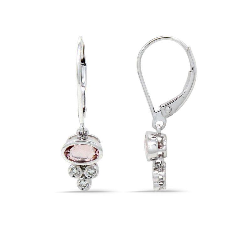 East West Morganite Oval 0.85 Carat Bezel Set Dangle Earrings in 14K White Gold with Diamond Accents