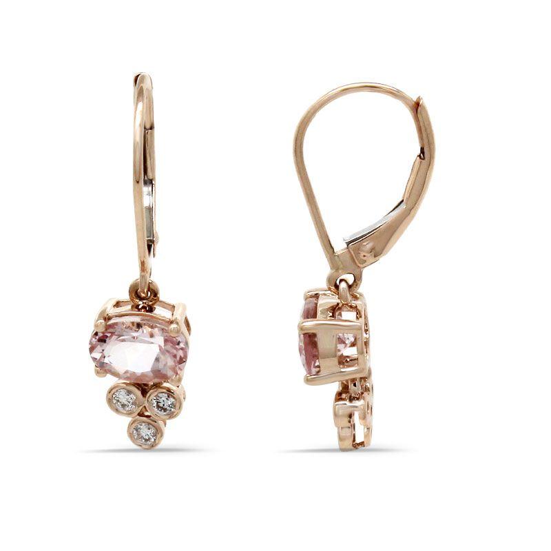 East West Morganite Oval 1.41 Carat Dangle Earrings in 14K Rose Gold with Diamond Accents