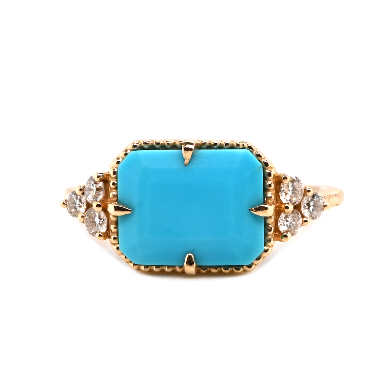 East West Turquoise Emerald Cut 2.52 Carat Ring in 14K Yellow Gold with Diamond Accents
