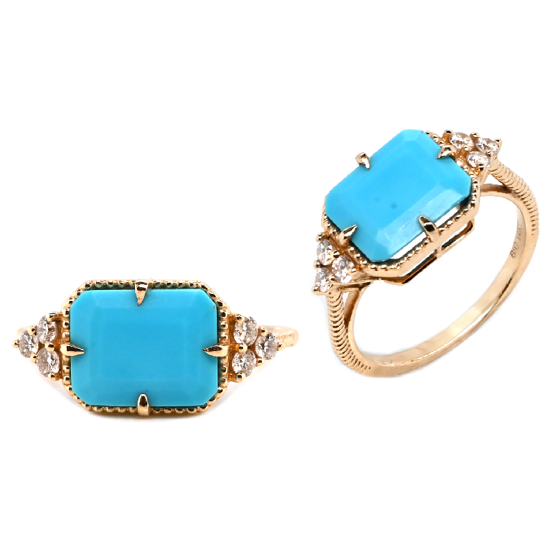 East West Turquoise Emerald Cut 2.52 Carat Ring in 14K Yellow Gold with Diamond Accents